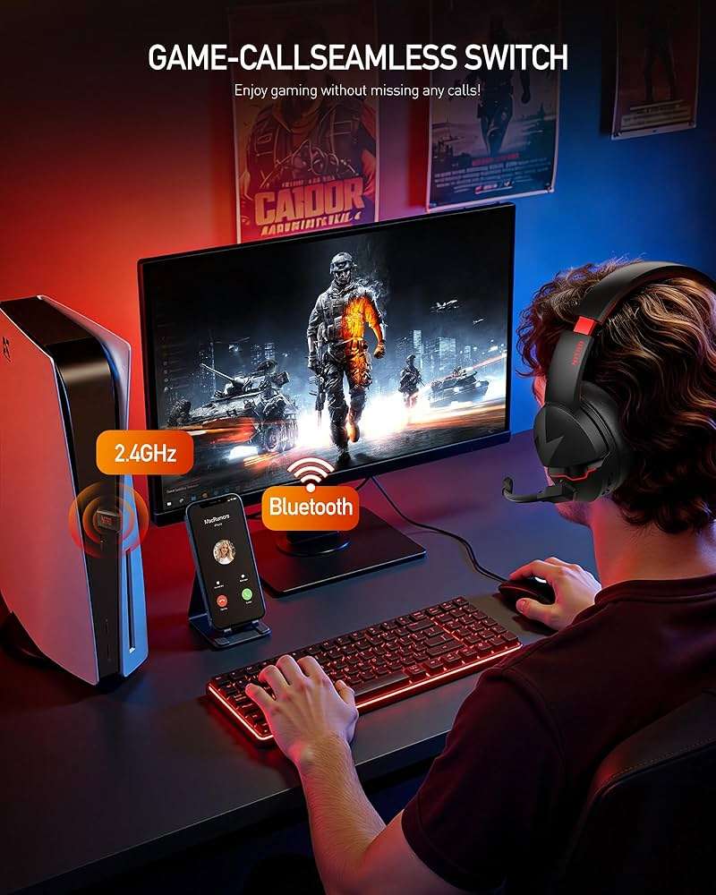 acer Wireless Gaming Headset, PS5 Headset with 2.4GHz for Ps5, Ps4, PC, Switch, Bluetooth 5.3 + 100Hrs Gaming Headphones with Noise Canceling Mic for Laptop, Mobile, Mac, 50mm Drivers (Red) - Image 3