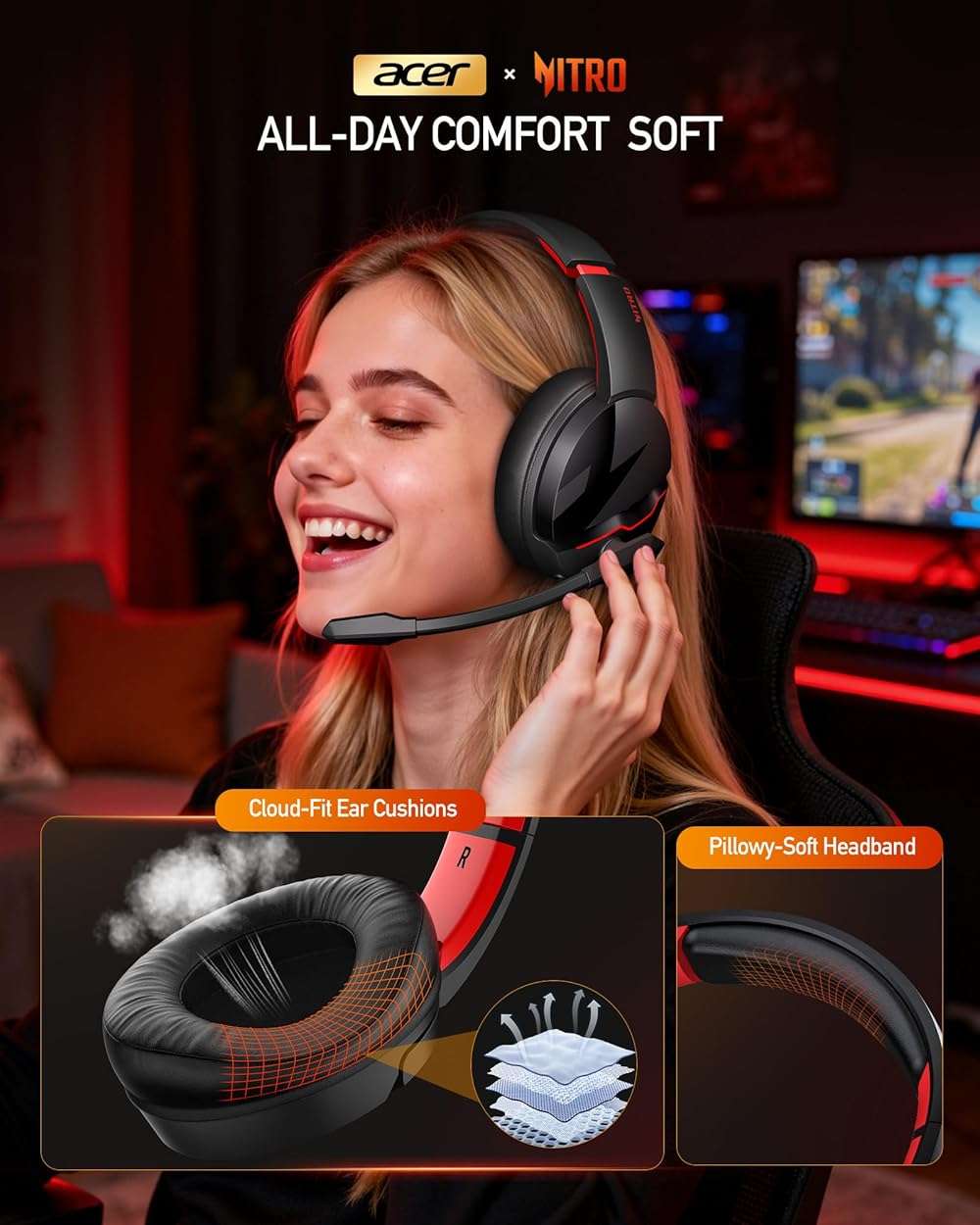 acer Wireless Gaming Headset, PS5 Headset with 2.4GHz for Ps5, Ps4, PC, Switch, Bluetooth 5.3 + 100Hrs Gaming Headphones with Noise Canceling Mic for Laptop, Mobile, Mac, 50mm Drivers (Red) - Image 6