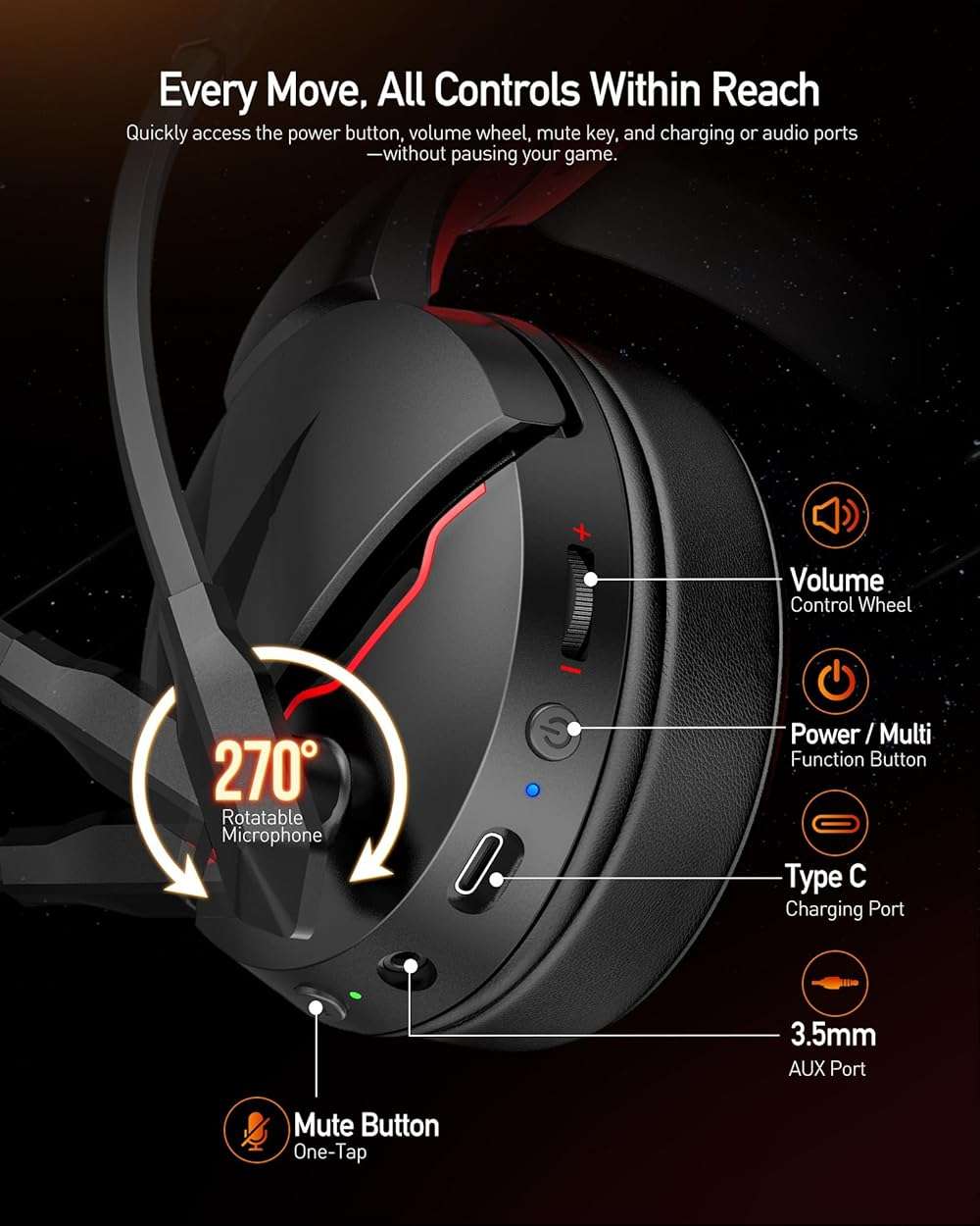 acer Wireless Gaming Headset, PS5 Headset with 2.4GHz for Ps5, Ps4, PC, Switch, Bluetooth 5.3 + 100Hrs Gaming Headphones with Noise Canceling Mic for Laptop, Mobile, Mac, 50mm Drivers (Red) - Image 8