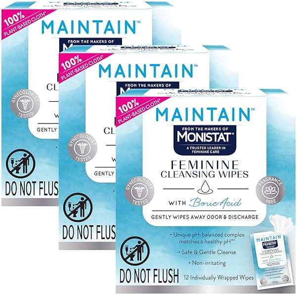 Monistat Maintain Boric Acid Feminine Wipes, Fragrance-Free, Non-Irritating and pH-Balanced Wipes for Women, Individually Wrapped Feminine Care, 12 Count, Pack of 3 - Image 1