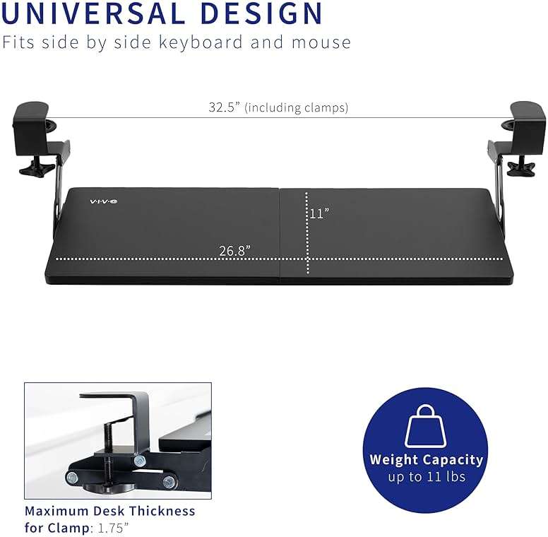 VIVO Large Clamp-on 27 (33 Including Clamps) x 11 inch Computer Keyboard and Mouse Tray with 12 Setting Swinging Height Adjustment, Platform Drawer for Typing, Black, MOUNT-KB08V - Image 3