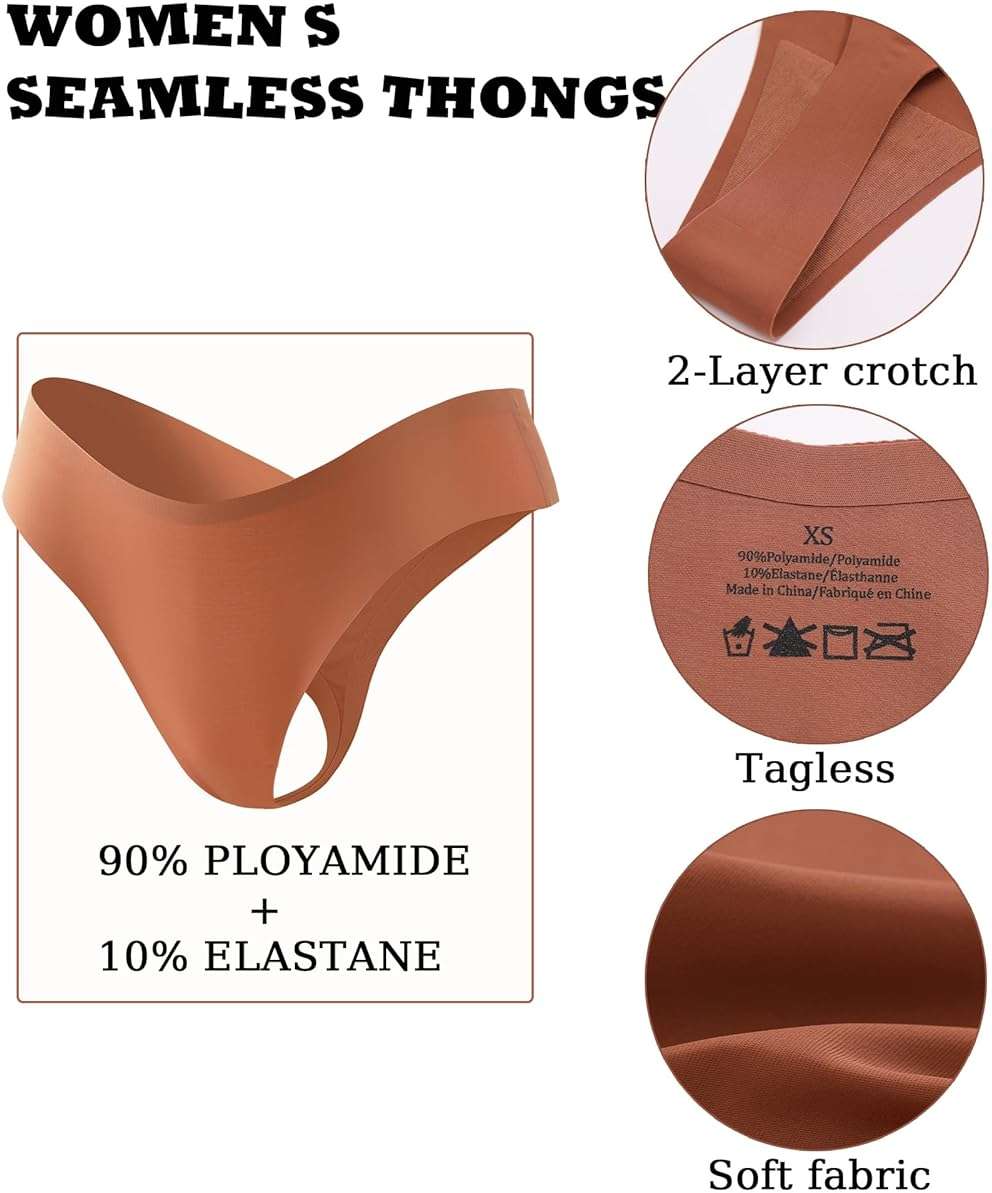 FINETOO Seamless Thongs for Women Sexy No Show Panties Invisible V-waisted Stretch Lingerie Underwear 6 Pack - Image 3