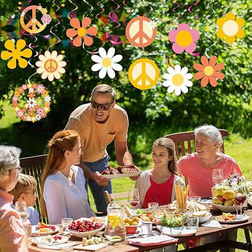 Outus 60s 70s Hippie Theme Birthday Party Decorations Foil Swirl Decorations, 60s 70s Peace out Sign Groovy Daisy Retro Flower Power Cutouts Hanging Swirls Ceiling for Birthday, 30 Count(Lovely) - Image 2