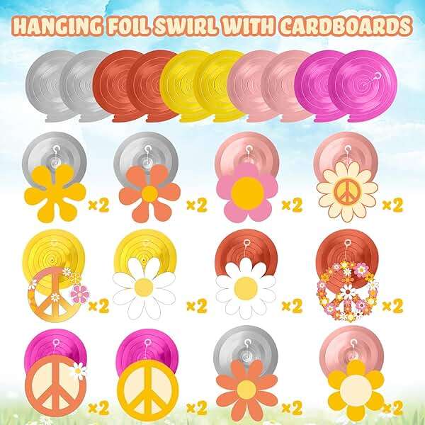 Outus 60s 70s Hippie Theme Birthday Party Decorations Foil Swirl Decorations, 60s 70s Peace out Sign Groovy Daisy Retro Flower Power Cutouts Hanging Swirls Ceiling for Birthday, 30 Count(Lovely) - Image 4