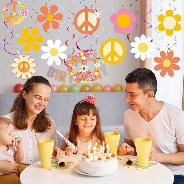 Outus 60s 70s Hippie Theme Birthday Party Decorations Foil Swirl Decorations, 60s 70s Peace out Sign Groovy Daisy Retro Flower Power Cutouts Hanging Swirls Ceiling for Birthday, 30 Count(Lovely) - Image 6
