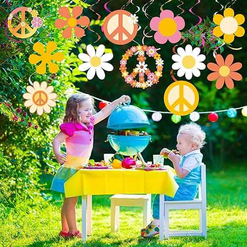 Outus 60s 70s Hippie Theme Birthday Party Decorations Foil Swirl Decorations, 60s 70s Peace out Sign Groovy Daisy Retro Flower Power Cutouts Hanging Swirls Ceiling for Birthday, 30 Count(Lovely) - Image 7