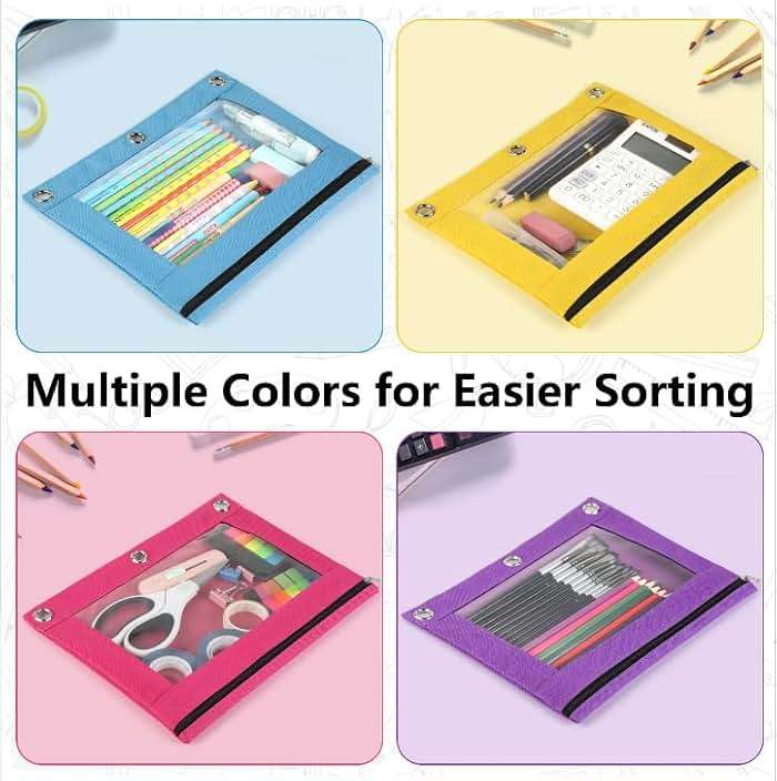 Forvencer 12 Pack Pencil Pouches for 3 Ring Binder, Smooth Zipper 3 Ring Binder Pencil Pouch, Multi-Color Pencil Case for Binder, Clear Top Binder Pencil Pouch, Pencil Bag with 3 Re-enforced Grommets - Image 7