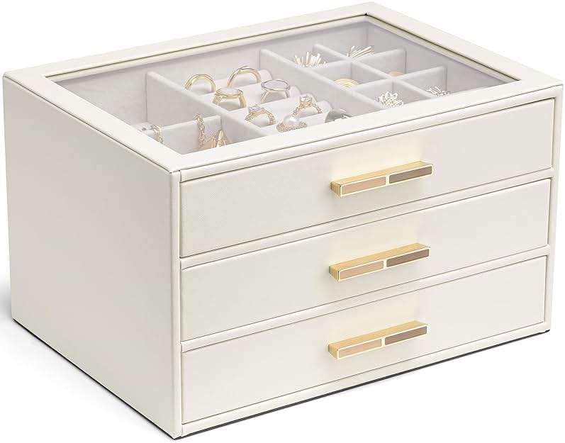 VLANDO Jewelry Box for Women, Glass Lid Jewelry Organizer with 3 Drawers for Necklaces Rings Earrings Bracelets Mother Day Gift for Mom - Cloud White - Image 1