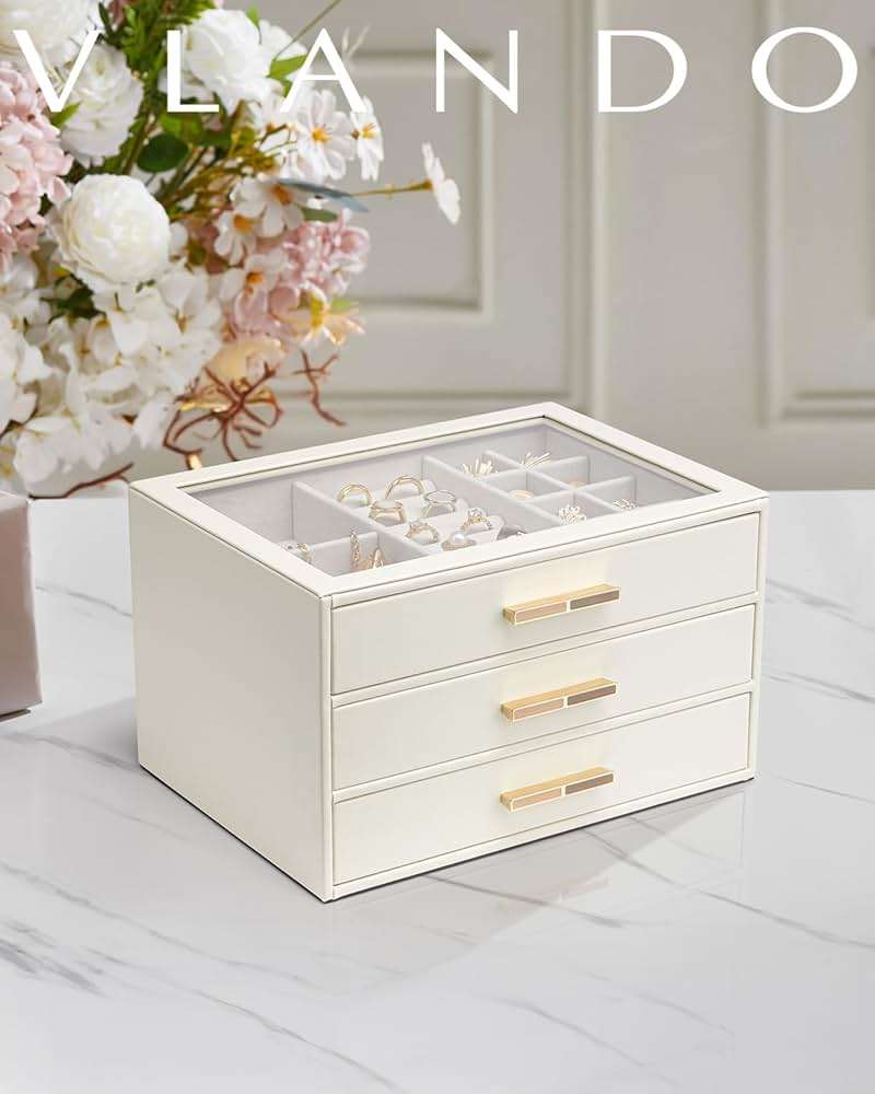 VLANDO Jewelry Box for Women, Glass Lid Jewelry Organizer with 3 Drawers for Necklaces Rings Earrings Bracelets Mother Day Gift for Mom - Cloud White - Image 2