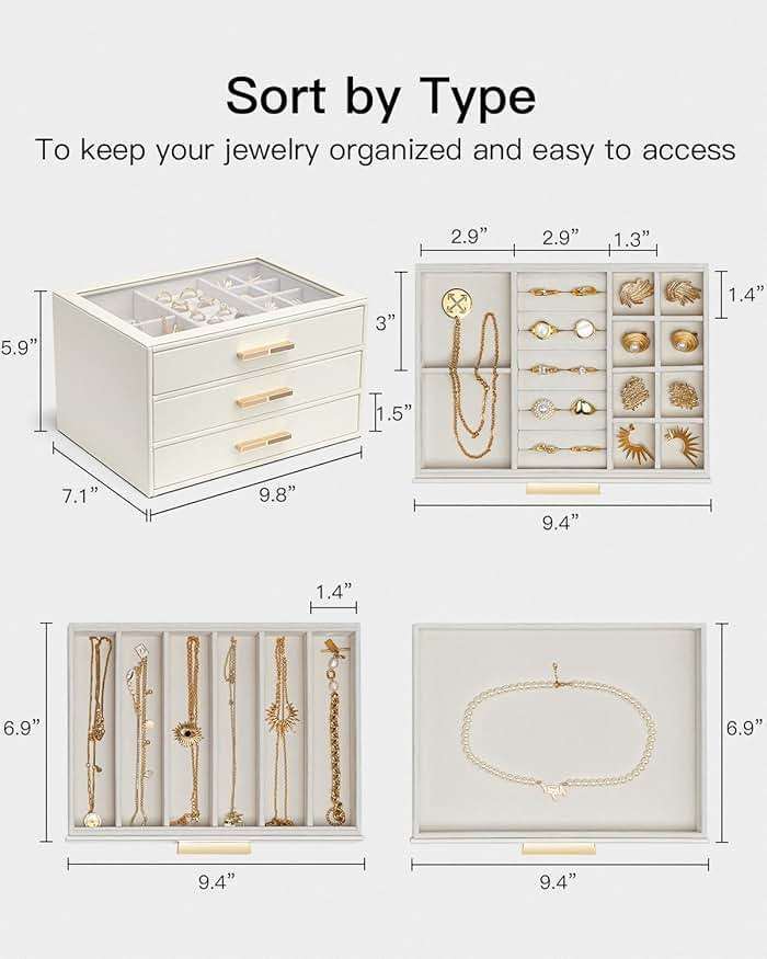 VLANDO Jewelry Box for Women, Glass Lid Jewelry Organizer with 3 Drawers for Necklaces Rings Earrings Bracelets Mother Day Gift for Mom - Cloud White - Image 3