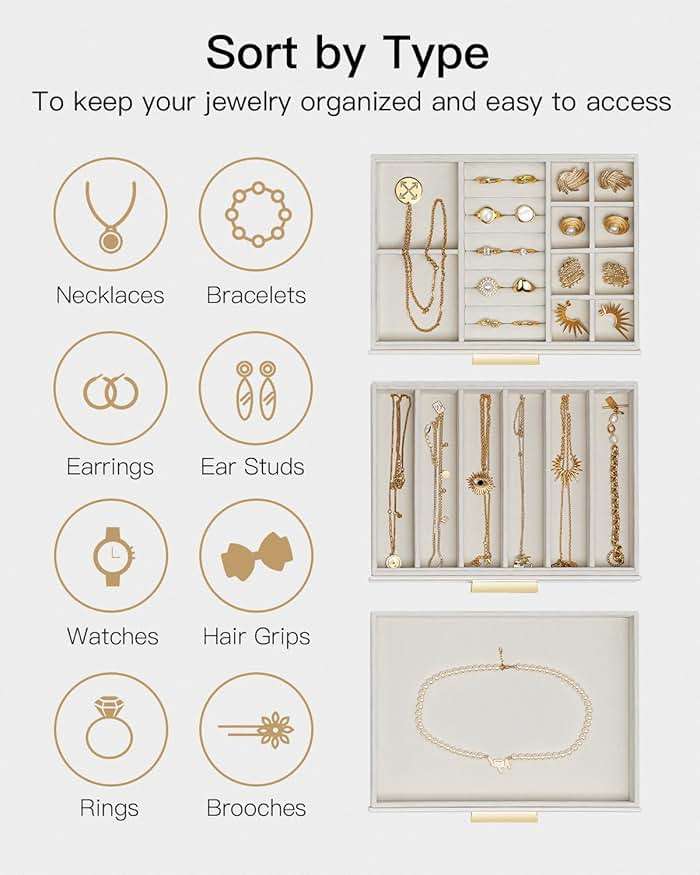 VLANDO Jewelry Box for Women, Glass Lid Jewelry Organizer with 3 Drawers for Necklaces Rings Earrings Bracelets Mother Day Gift for Mom - Cloud White - Image 4