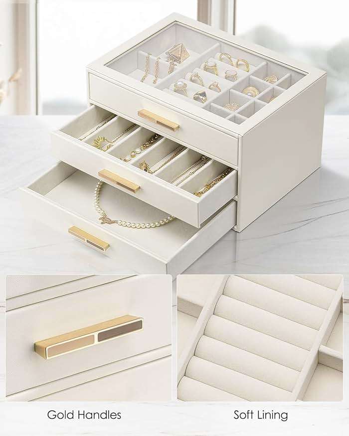 VLANDO Jewelry Box for Women, Glass Lid Jewelry Organizer with 3 Drawers for Necklaces Rings Earrings Bracelets Mother Day Gift for Mom - Cloud White - Image 6