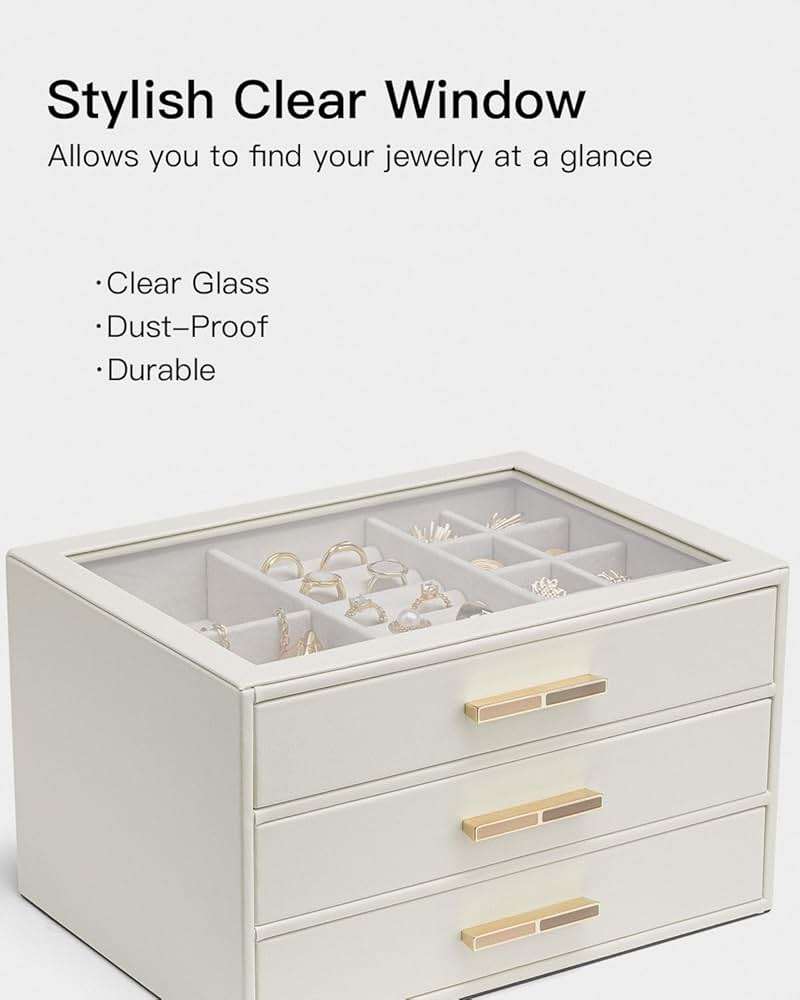 VLANDO Jewelry Box for Women, Glass Lid Jewelry Organizer with 3 Drawers for Necklaces Rings Earrings Bracelets Mother Day Gift for Mom - Cloud White - Image 7