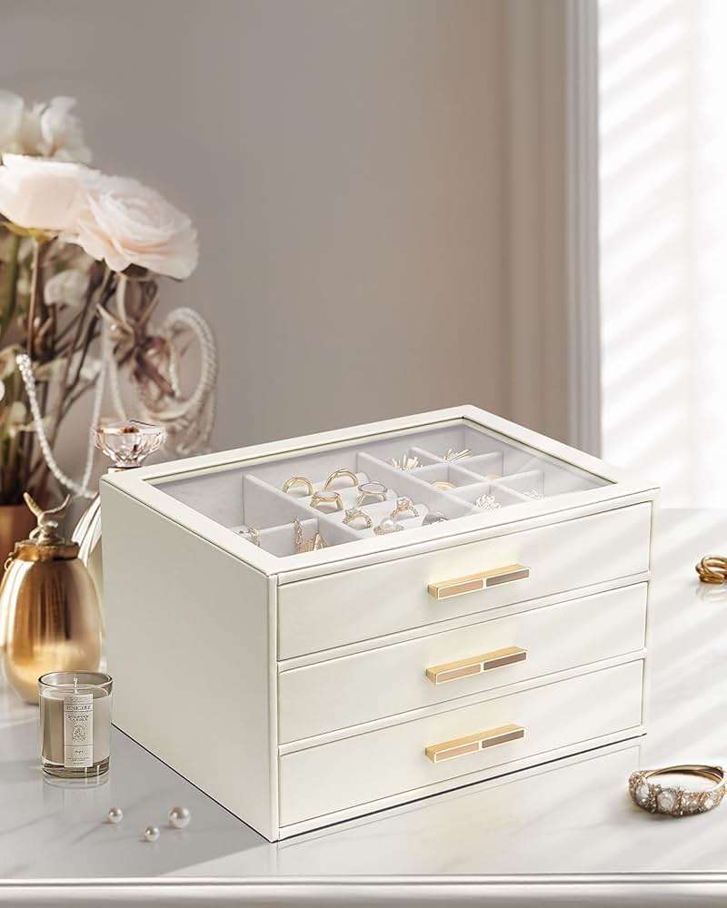 VLANDO Jewelry Box for Women, Glass Lid Jewelry Organizer with 3 Drawers for Necklaces Rings Earrings Bracelets Mother Day Gift for Mom - Cloud White - Image 8