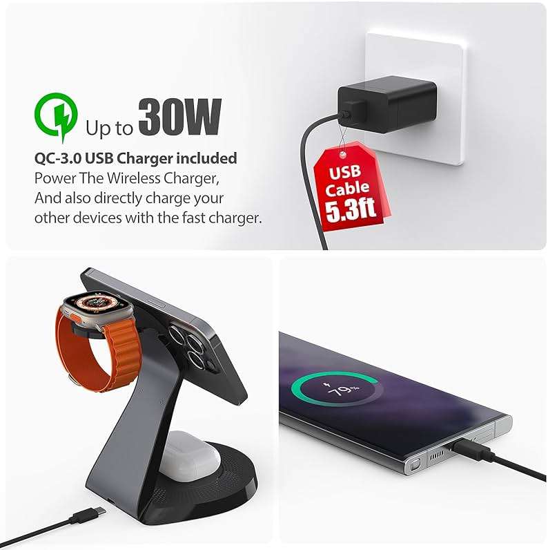 3 in 1 Charging Station for Apple Devices,Mag-Safe Charger Stand Fast Charging,Wireless Charger for iPhone 16/15/14/13/12 Series,& AirPods,& iWatch(USB-C Charger Included) - Image 4