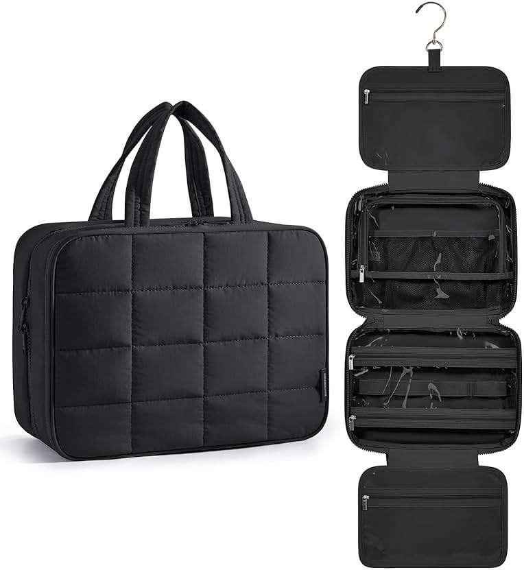 BAGSMART Travel Toiletry Bag with Jewelry Organizer, Hanging Travel Bag for Toiletries, Puffy Makeup Cosmetic Bag Organizer, Carry-on Travel Accessories Essentials, Black-L - Image 1