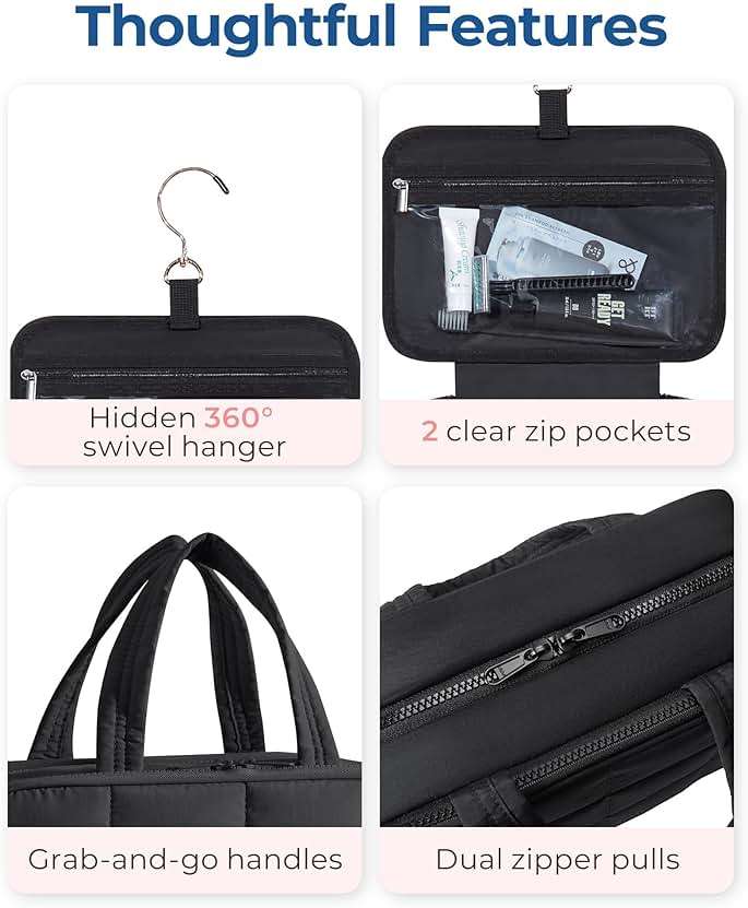 BAGSMART Travel Toiletry Bag with Jewelry Organizer, Hanging Travel Bag for Toiletries, Puffy Makeup Cosmetic Bag Organizer, Carry-on Travel Accessories Essentials, Black-L - Image 6