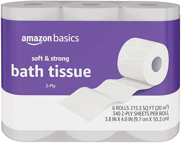 Amazon Basics Soft and Strong 2-Ply Toilet Paper, 6 Ultra Rolls = 24 Regular Rolls, Unscented, 340 Sheet (1 Pack of 6), Packaging May Vary - Image 1
