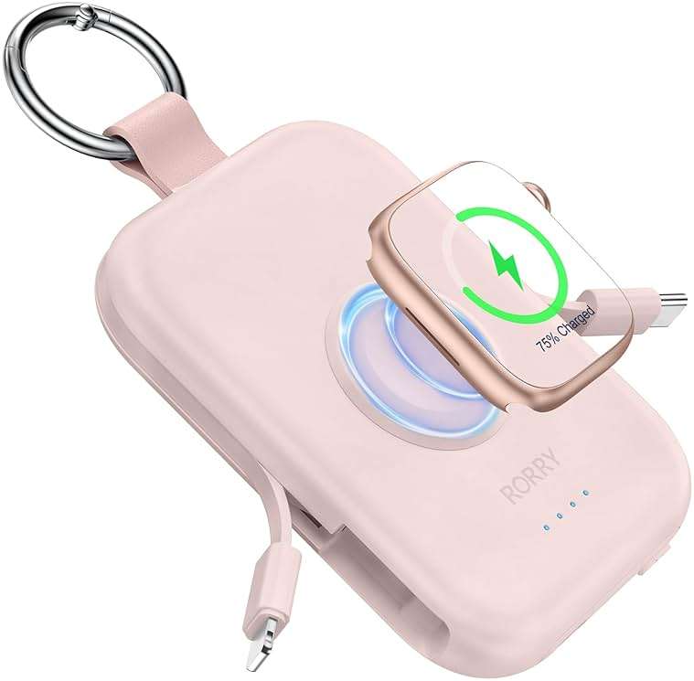 RORRY Portable Charger, 5000mAh Portable Charger Power Bank with Built-in Cables, Travel Keychain Battery Pack for Apple Watch Ultra/11/10/9/8/7/6/SE, iPhone Air/17/16/15/14/13/12, Pink - Image 1