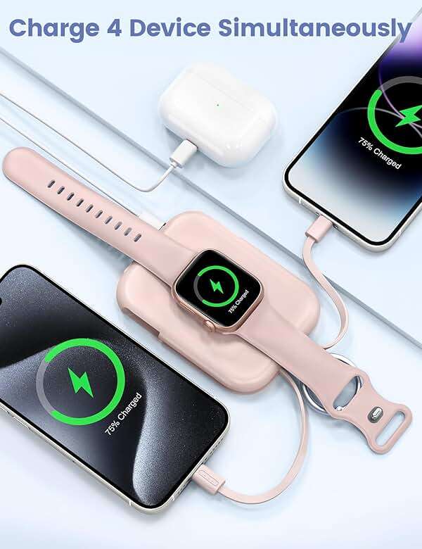 RORRY Portable Charger, 5000mAh Portable Charger Power Bank with Built-in Cables, Travel Keychain Battery Pack for Apple Watch Ultra/11/10/9/8/7/6/SE, iPhone Air/17/16/15/14/13/12, Pink - Image 4