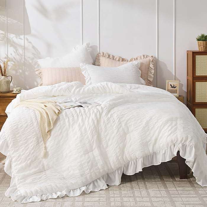 JOLLYVOGUE White Comforters Queen Size, 3 Pieces Ruffle Seersucker Queen Comforter Set for All Season, Lightweight Soft Shabby Chic Bedding Sets for Women（1 Comforter, 2 Pillowshams） - Image 1