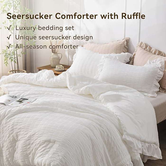 JOLLYVOGUE White Comforters Queen Size, 3 Pieces Ruffle Seersucker Queen Comforter Set for All Season, Lightweight Soft Shabby Chic Bedding Sets for Women（1 Comforter, 2 Pillowshams） - Image 4