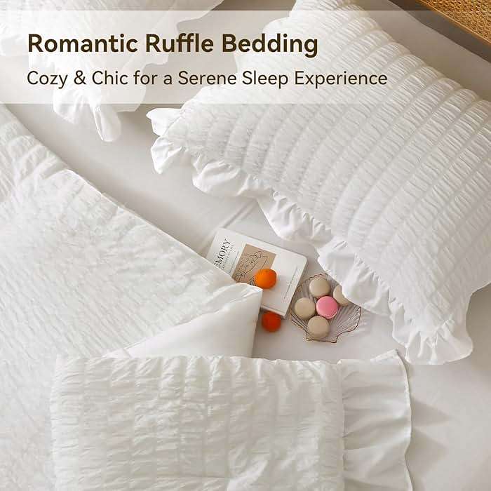 JOLLYVOGUE White Comforters Queen Size, 3 Pieces Ruffle Seersucker Queen Comforter Set for All Season, Lightweight Soft Shabby Chic Bedding Sets for Women（1 Comforter, 2 Pillowshams） - Image 5