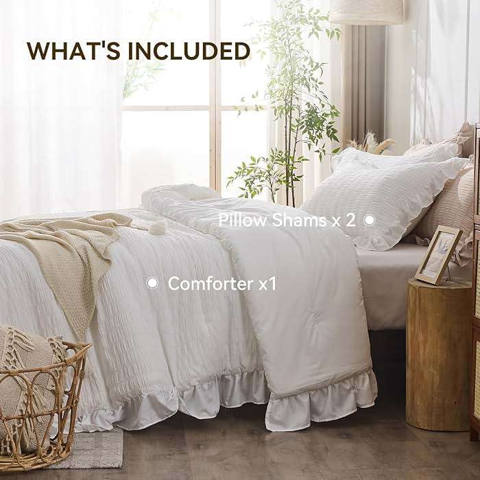 JOLLYVOGUE White Comforters Queen Size, 3 Pieces Ruffle Seersucker Queen Comforter Set for All Season, Lightweight Soft Shabby Chic Bedding Sets for Women（1 Comforter, 2 Pillowshams） - Image 6