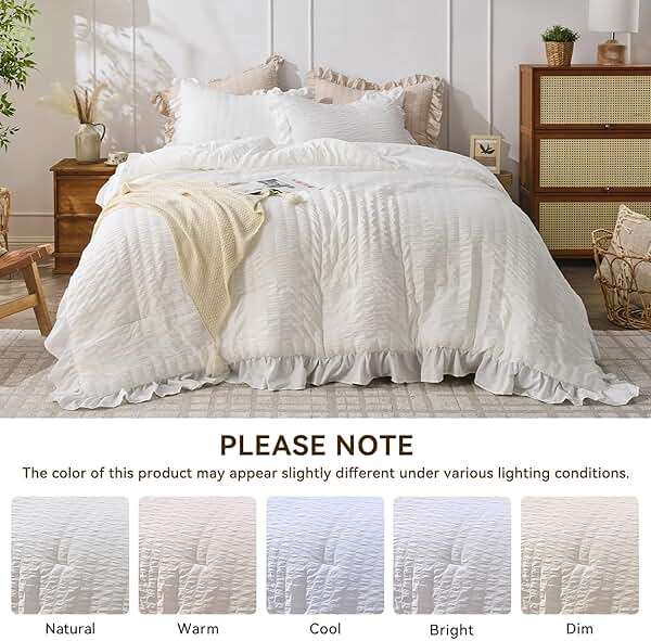 JOLLYVOGUE White Comforters Queen Size, 3 Pieces Ruffle Seersucker Queen Comforter Set for All Season, Lightweight Soft Shabby Chic Bedding Sets for Women（1 Comforter, 2 Pillowshams） - Image 9