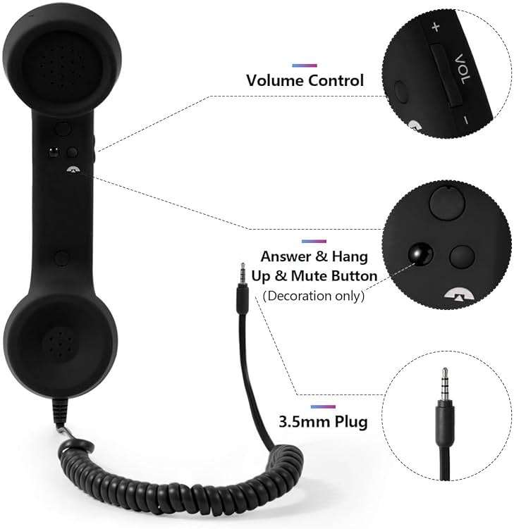 Retro 3.5mm Telephone Handset, Radiation Proof Cell Phone Receiver Mic Microphone Speaker, Vintage Phone Handset for Cellphone Smartphone,with USB C (Black) - Image 2