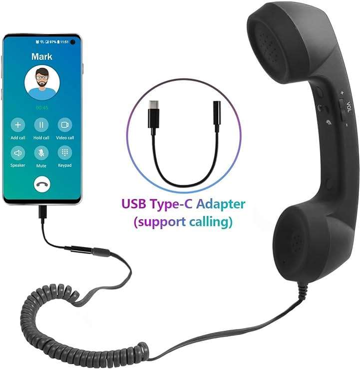 Retro 3.5mm Telephone Handset, Radiation Proof Cell Phone Receiver Mic Microphone Speaker, Vintage Phone Handset for Cellphone Smartphone,with USB C (Black) - Image 3