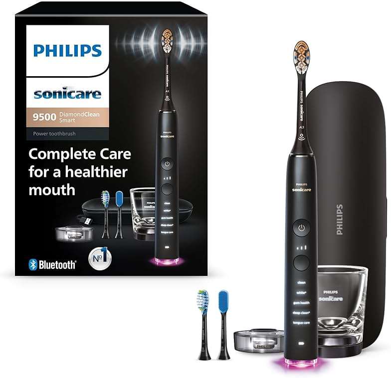 Philips Sonicare DiamondClean Smart 9500 Electric Toothbrush - Sonic Toothbrush with App, Pressure Sensor, 15 Brushing Settings, Replacement Reminder, USB Charging Travel Case, Black, Model HX9923/11 - Image 1