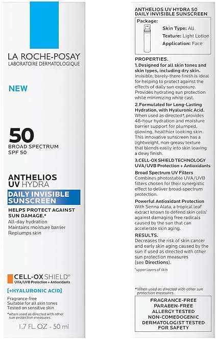 La Roche Posay Anthelios UV Sunscreen SPF 50, Daily Sunscreen for Face in 3 Formulas, UV Tone with Niacinamide, UV Hydra with Hyaluronic Acid, UV Clear with Azelaic Acid, Broad Spectrum Invisible SPF - Image 6