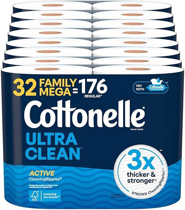 Cottonelle Ultra Clean Toilet Paper with Active CleaningRipples Texture, Strong Bath Tissue, 32 Family Mega Rolls = 176 Regular Rolls (8 Packs of 4) - Image 1