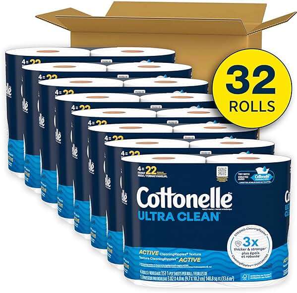 Cottonelle Ultra Clean Toilet Paper with Active CleaningRipples Texture, Strong Bath Tissue, 32 Family Mega Rolls = 176 Regular Rolls (8 Packs of 4) - Image 2