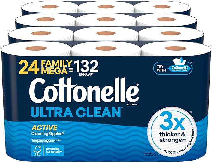 Cottonelle Ultra Clean Toilet Paper with Active CleaningRipples Texture, Strong Bath Tissue, 24 Family Mega Rolls = 132 Regular Rolls (4 Packs of 6) - Image 1