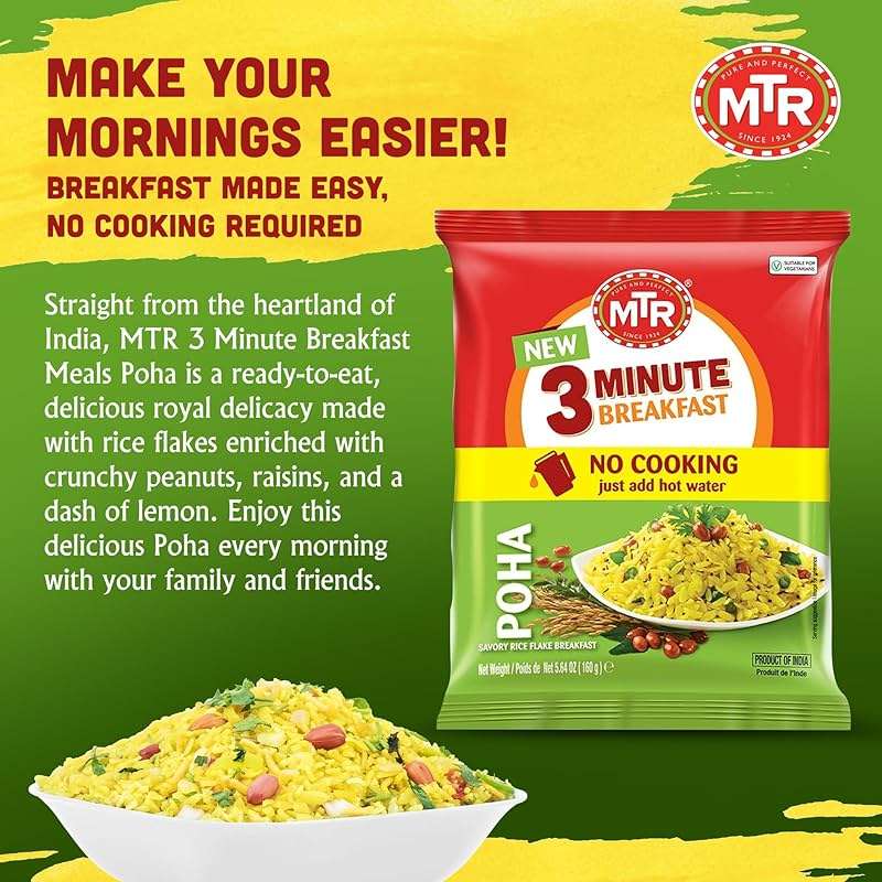 MTR 3 Minute Poha Mix - Ready-to-Cook Indian Meal Made with Rice Flakes, 100% Vegetarian, No Added Preservatives, Convenient & Flavorful, Quick & Delicious Breakfast - Regular Poha, 160g - Pack of 6 - Image 2
