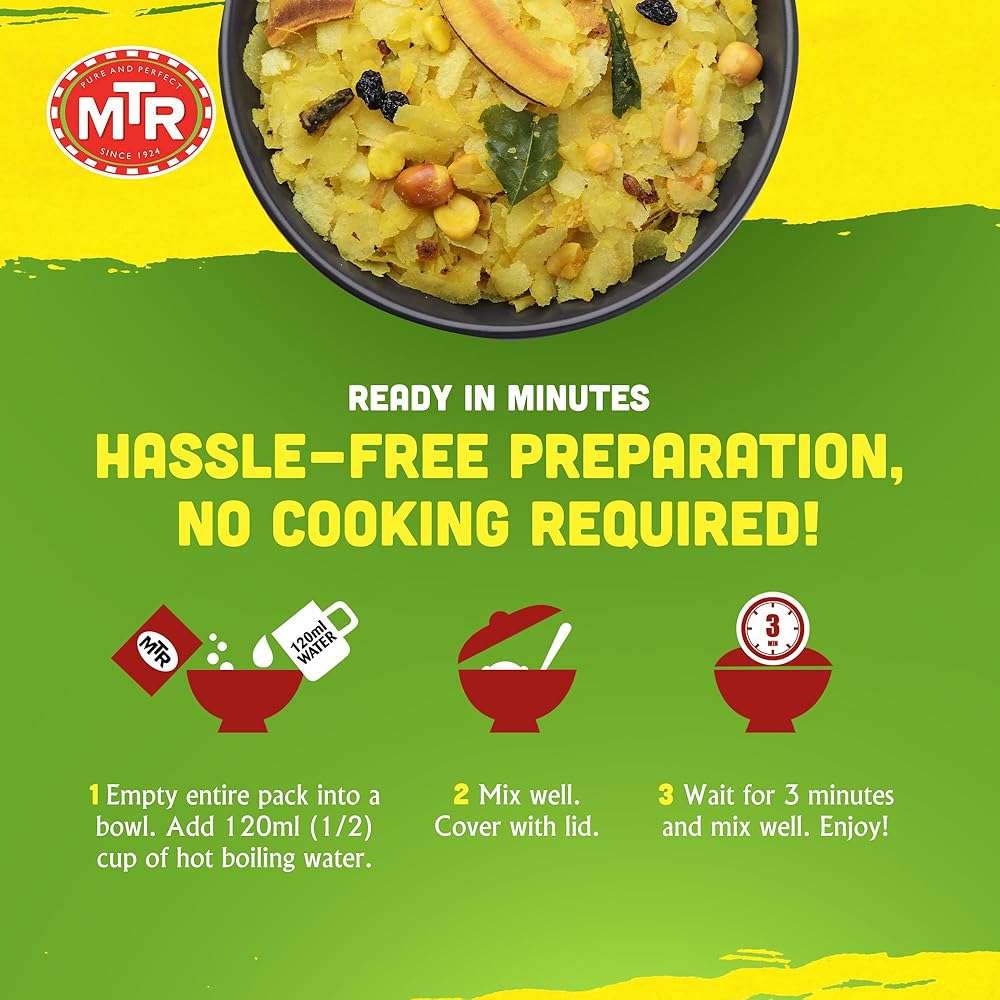 MTR 3 Minute Poha Mix - Ready-to-Cook Indian Meal Made with Rice Flakes, 100% Vegetarian, No Added Preservatives, Convenient & Flavorful, Quick & Delicious Breakfast - Regular Poha, 160g - Pack of 6 - Image 4