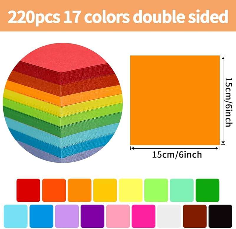 Praisebank Origami Paper, 220pcs 17 Colors 6x6 inch, Double Sided, Craft Kit with Guide. - Image 2
