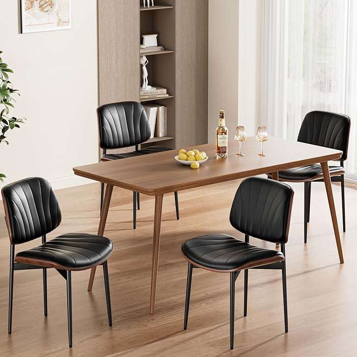 REONEY Dining Chairs Set of 4, Mid-Century Modern Upholstered PU Leather Chairs with Walnut Bentwood Back and Metal Legs Adjustable Feet for Kitchen Dining Room, Black Shell Strips - Image 1