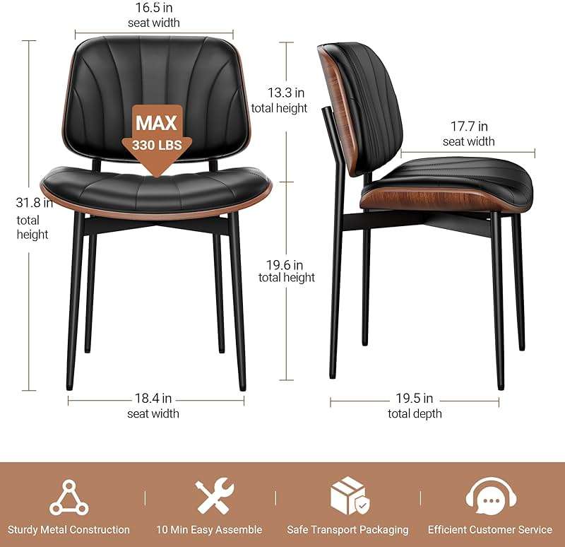 REONEY Dining Chairs Set of 4, Mid-Century Modern Upholstered PU Leather Chairs with Walnut Bentwood Back and Metal Legs Adjustable Feet for Kitchen Dining Room, Black Shell Strips - Image 2