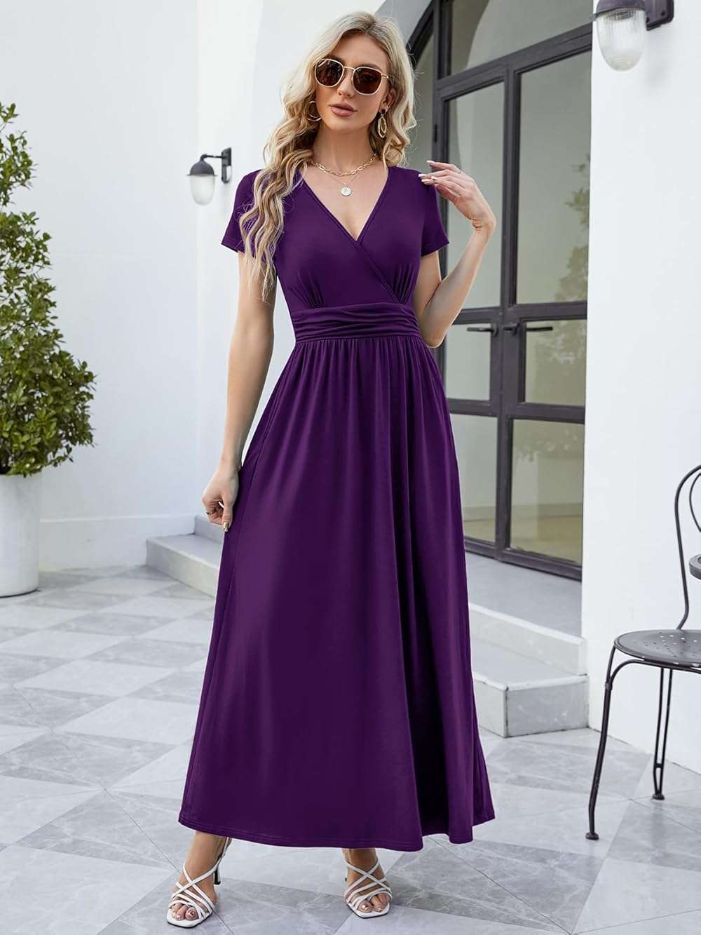 ANRILITA Women's 2026 Wrap V Neck Maxi Dress Short Sleeve Empire Waist Flowy Summer Long Dresses with Pocket Casual for Beach - Image 2