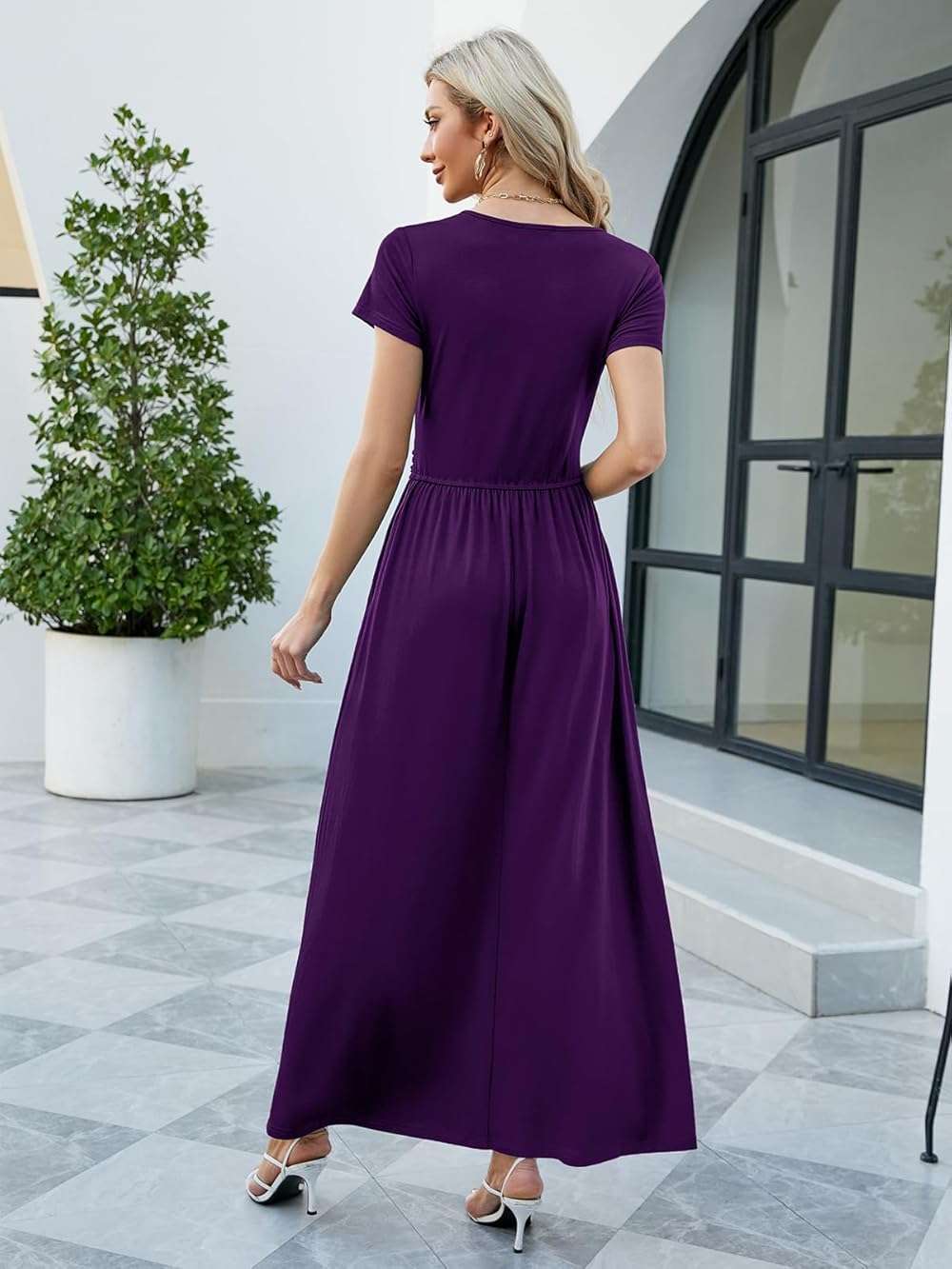 ANRILITA Women's 2026 Wrap V Neck Maxi Dress Short Sleeve Empire Waist Flowy Summer Long Dresses with Pocket Casual for Beach - Image 5