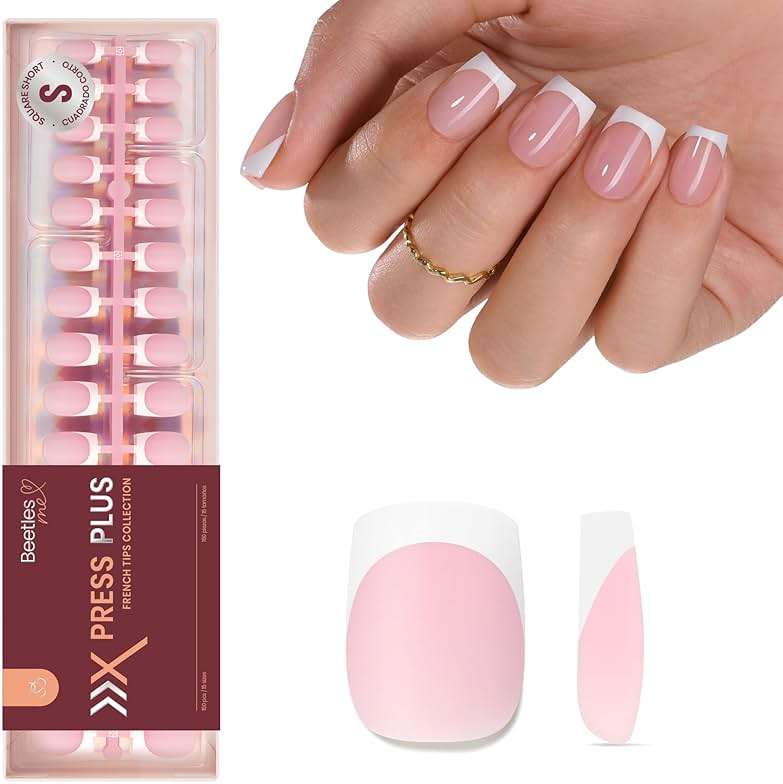 Beetles French Tips Press On Nails: 150 Pcs Pink Short Square Press On Nails Fake Nail Tips, Soft Gel Nail False Nails Art DIY Gifts For Women - Image 1