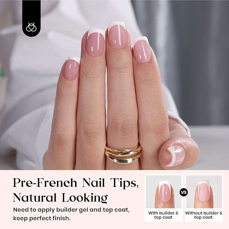 Beetles French Tips Press On Nails: 150 Pcs Pink Short Square Press On Nails Fake Nail Tips, Soft Gel Nail False Nails Art DIY Gifts For Women - Image 2