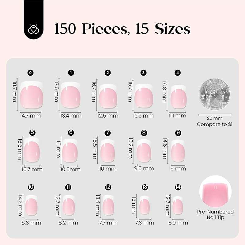 Beetles French Tips Press On Nails: 150 Pcs Pink Short Square Press On Nails Fake Nail Tips, Soft Gel Nail False Nails Art DIY Gifts For Women - Image 4