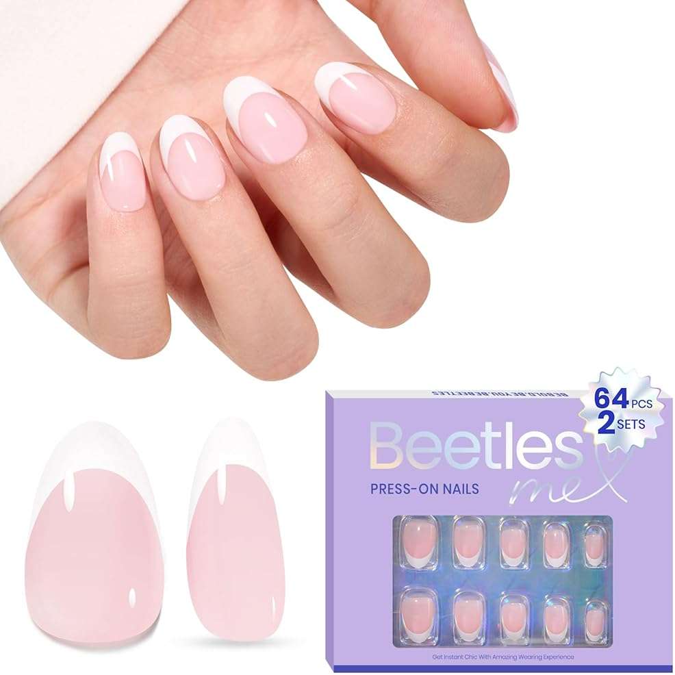 Beetles Press On Nails Almond, 64Pcs Pink Short French Tip Nail Tips Kit Fit Perfectly Nail Tips with Super-Hold Nail Glue DIY Manicure for Nail Extension Designs - Image 1
