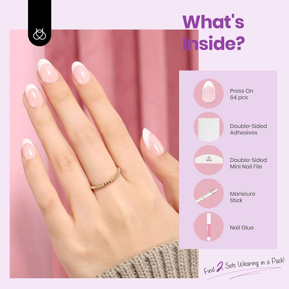 Beetles Press On Nails Almond, 64Pcs Pink Short French Tip Nail Tips Kit Fit Perfectly Nail Tips with Super-Hold Nail Glue DIY Manicure for Nail Extension Designs - Image 3