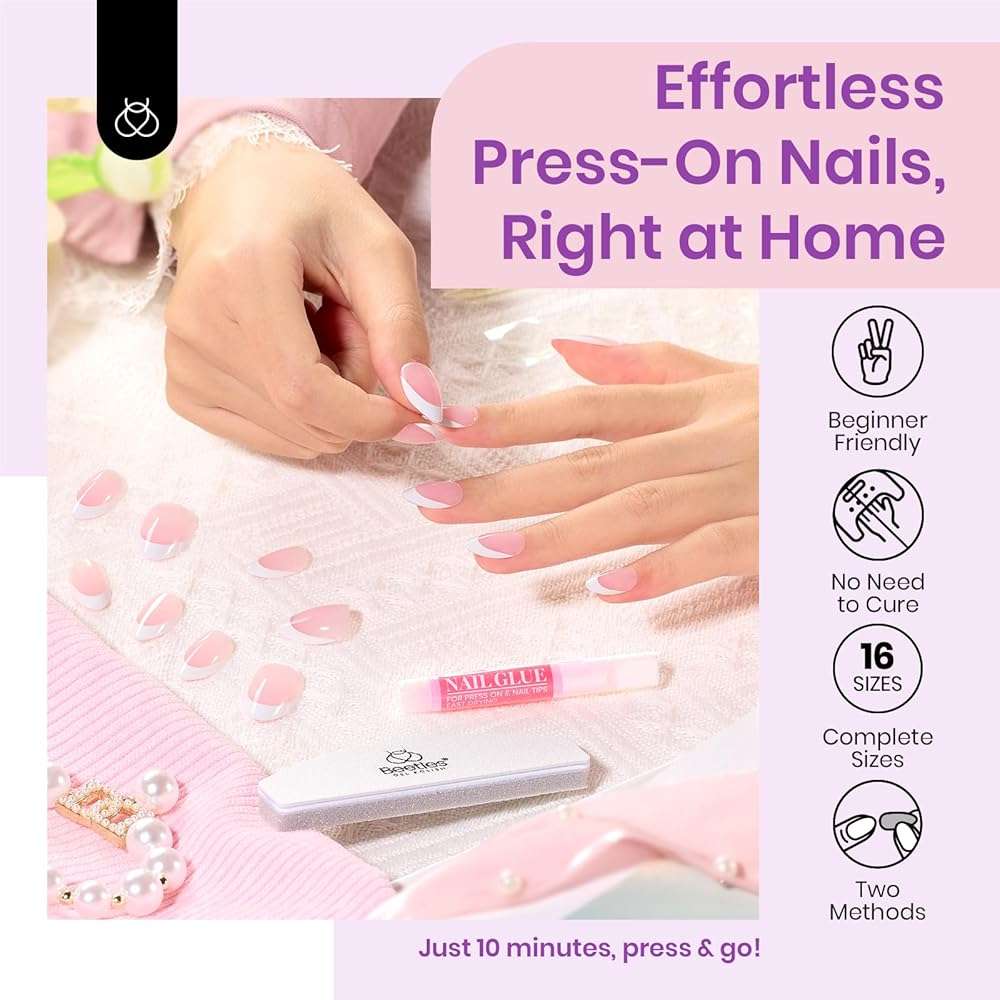Beetles Press On Nails Almond, 64Pcs Pink Short French Tip Nail Tips Kit Fit Perfectly Nail Tips with Super-Hold Nail Glue DIY Manicure for Nail Extension Designs - Image 7