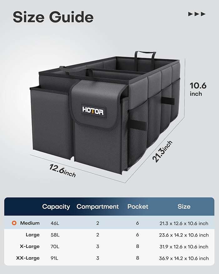 HOTOR Trunk Organizer - Car Organizer, Foldable Trunk organizer for SUVs & Sedans, Sturdy Car Organization for Car Accessories, Tools, Sundries, Black, 2 Compartments, 21.3"×12.6"×10.6" - Image 3
